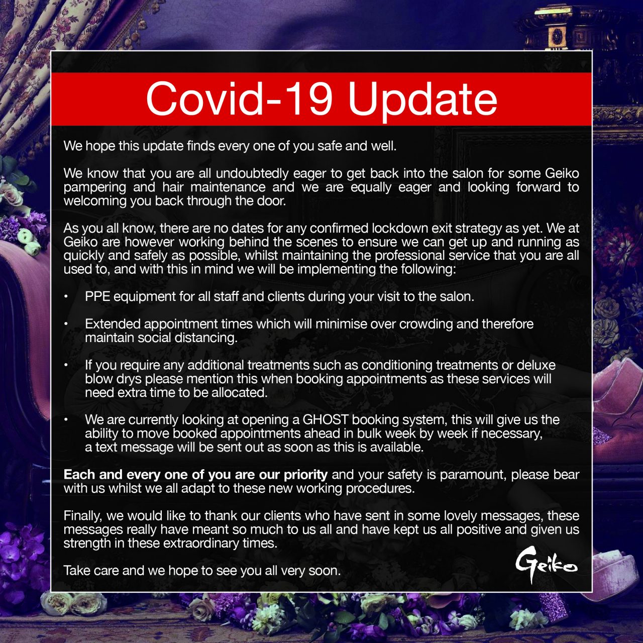 COVID19 UPDATE Geiko Hairdressing